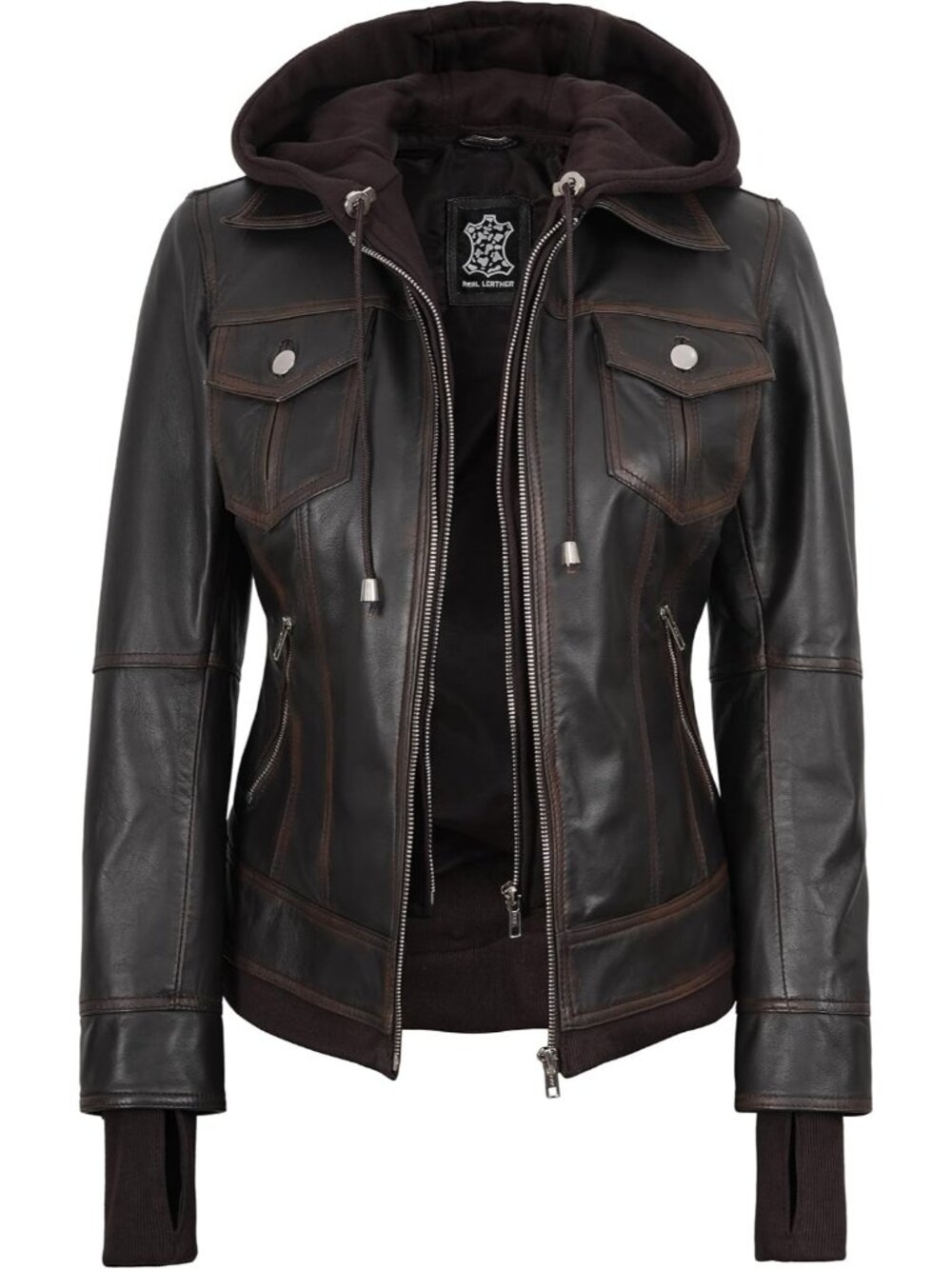 Women’s Brown Real Leather Bomber Jacket Detachable Hood
